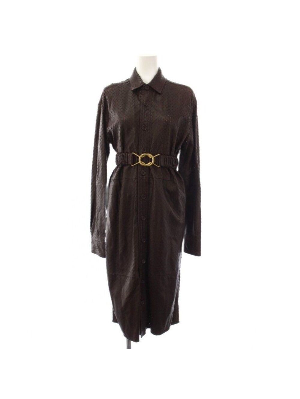 Bottega Veneta Laser Cut Leather Dress Shirt Long Sleeve Brown 38